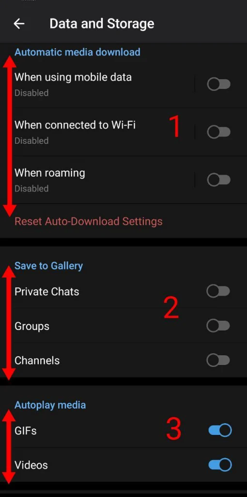 telegram data and storage settings