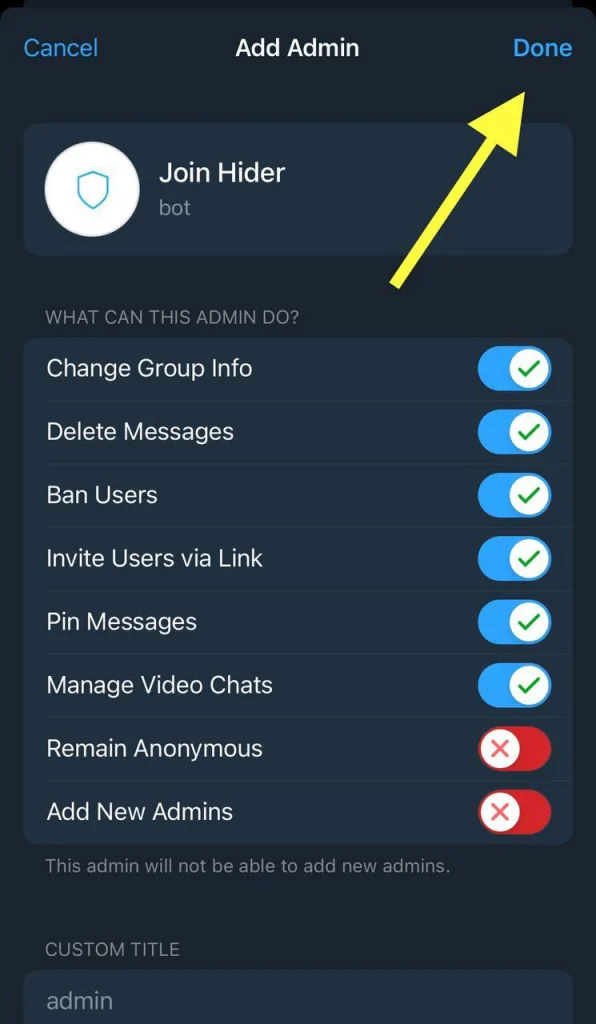select the permissions of telegram bot