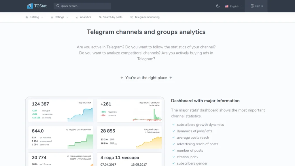TGStat analytics dashboard showing Telegram channel search results and engagement metrics