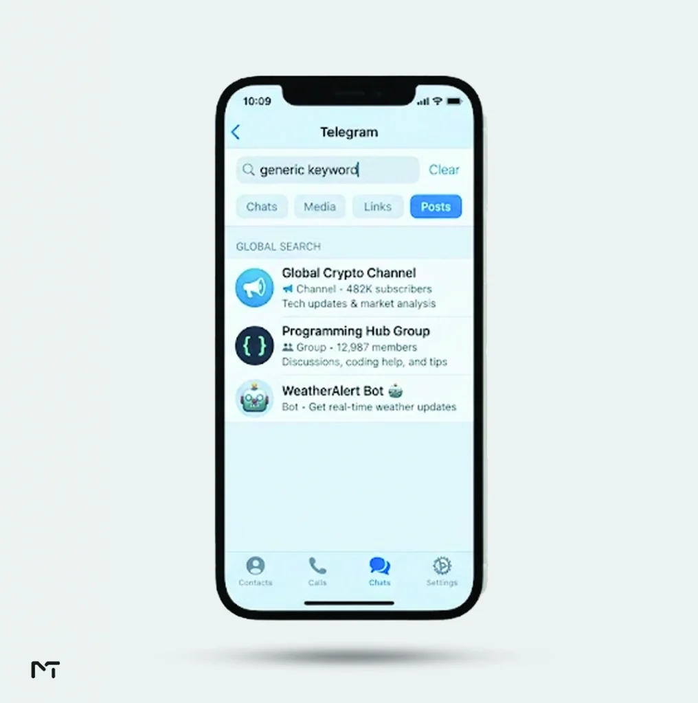 Modern smartphone displaying the Telegram search engine interface with global results and filter tabs