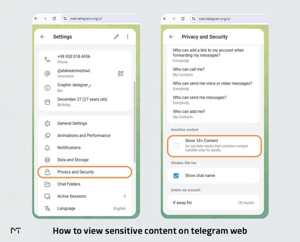 View Sensitive Content on Telegram (web) step by step screenshots