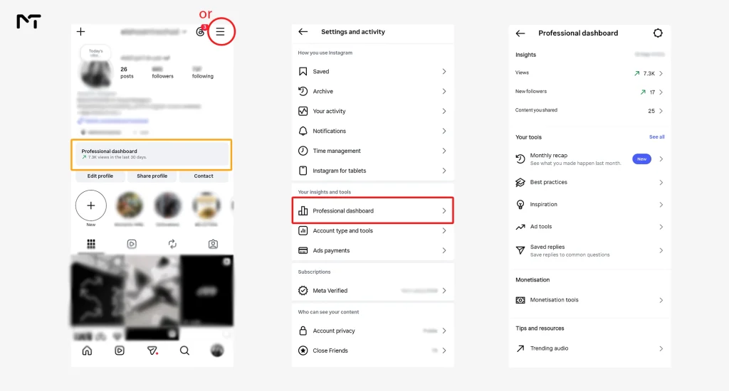 Steps to find and open professional dashboard on Instagram mobile app