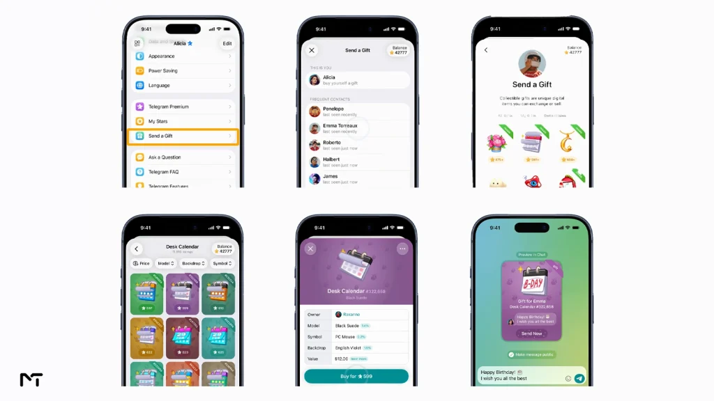 A six-panel step-by-step smartphone visual guide showing how to navigate the Telegram app to select, purchase, and send a signed digital collectible gift with a custom message.