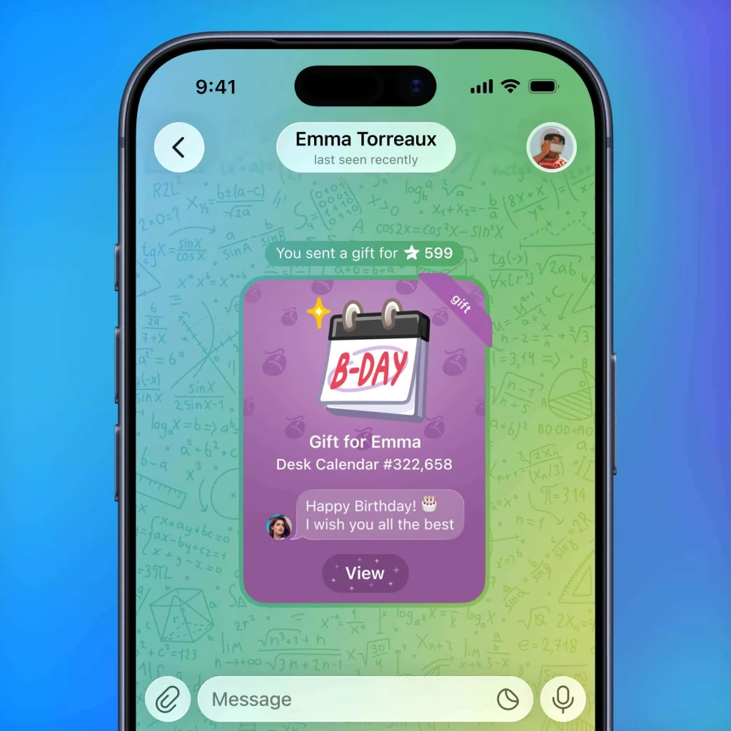 A Telegram chat interface displaying a purchased digital collectible gift, a limited edition Desk Calendar, sent to a contact with a personalized birthday message using 599 Telegram Stars.