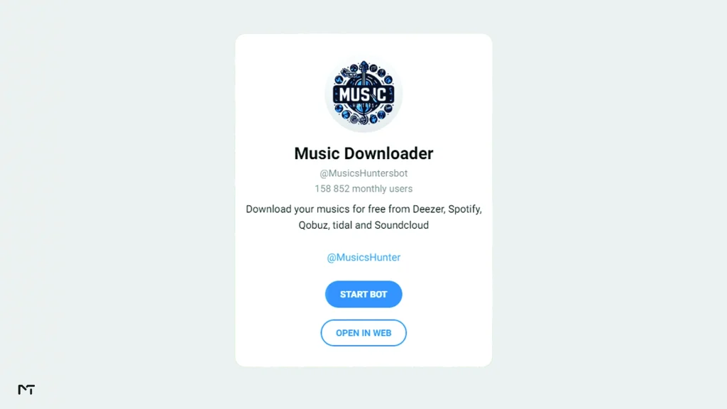 MusicsHuntersbot Telegram chat screen showing music download features