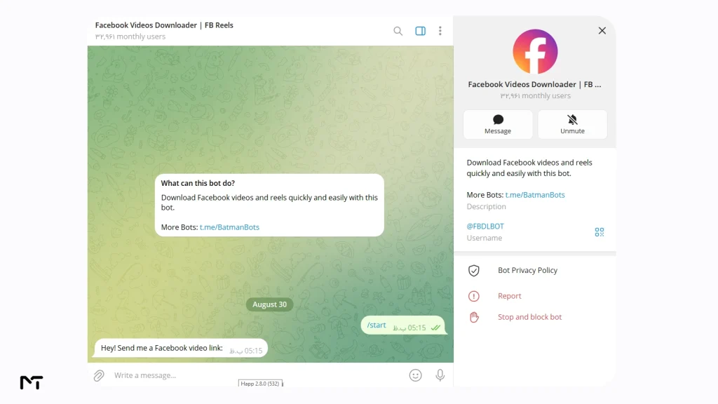 Using the @FBDLBOT Telegram bot to save a Facebook reel directly in chat