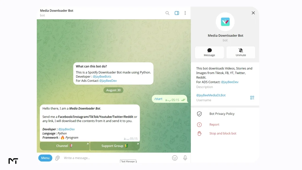 Interface of @jaybeemediadlbot in Telegram processing a public social media video