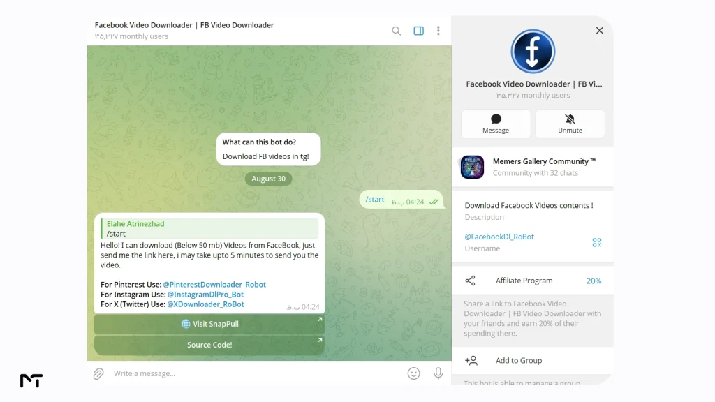 Screenshot of @facebookdl_robot Telegram bot successfully downloading a Facebook video link