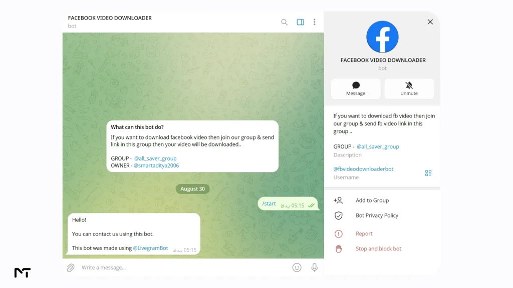 @fbvideodownloaderbot replying with a downloaded Facebook video file inside a Telegram group