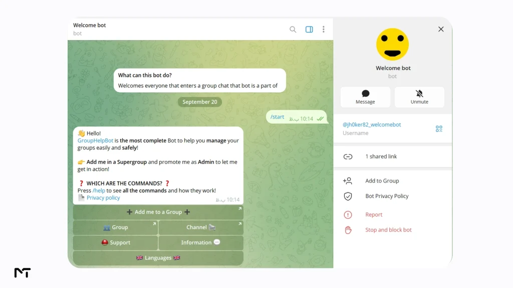 Telegram Rose bot profile and chat screen for group management and setting up welcome messages.