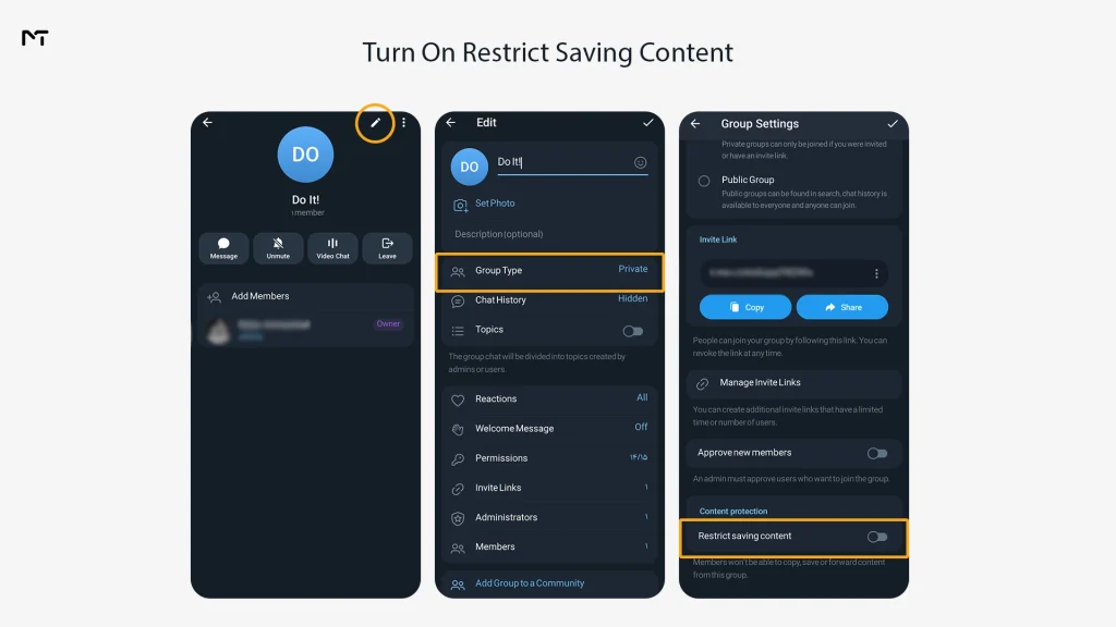 Three mobile screenshots showing the steps to turn on Restrict Saving Content in Telegram group settings