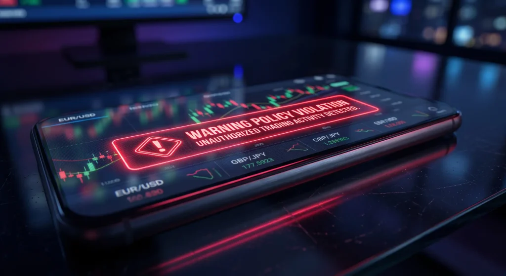 A close up of a smartphone screen showing a red policy violation warning message over a forex trading graph