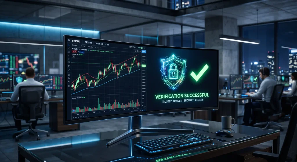 A modern computer monitor displaying a green financial verification shield and trading charts in a corporate office