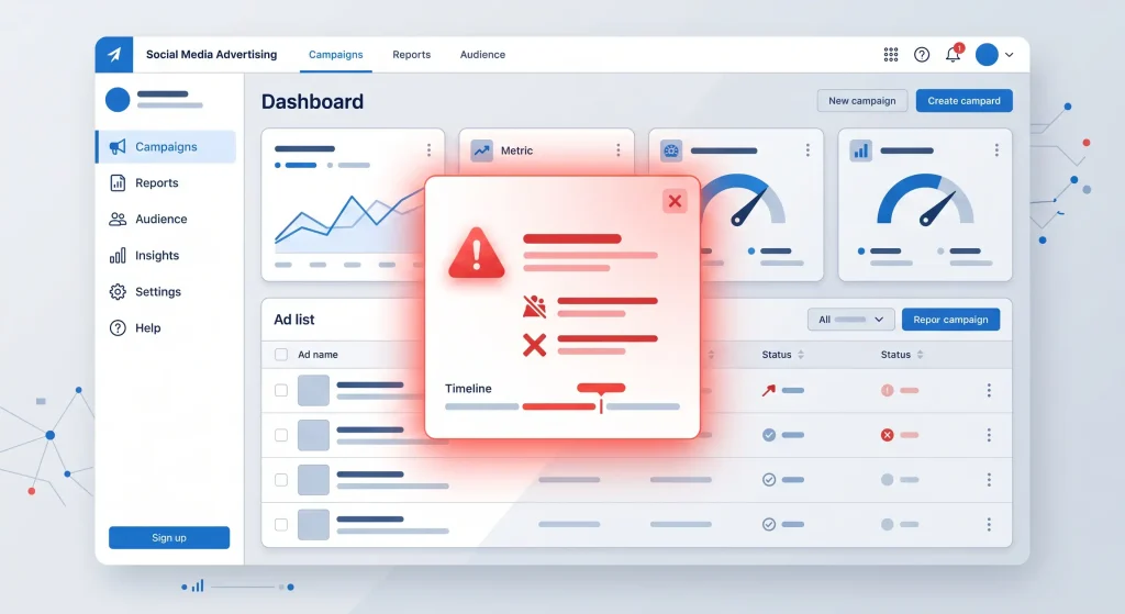 Meta Ads Manager dashboard showing a rejected ad notification and warning alert.