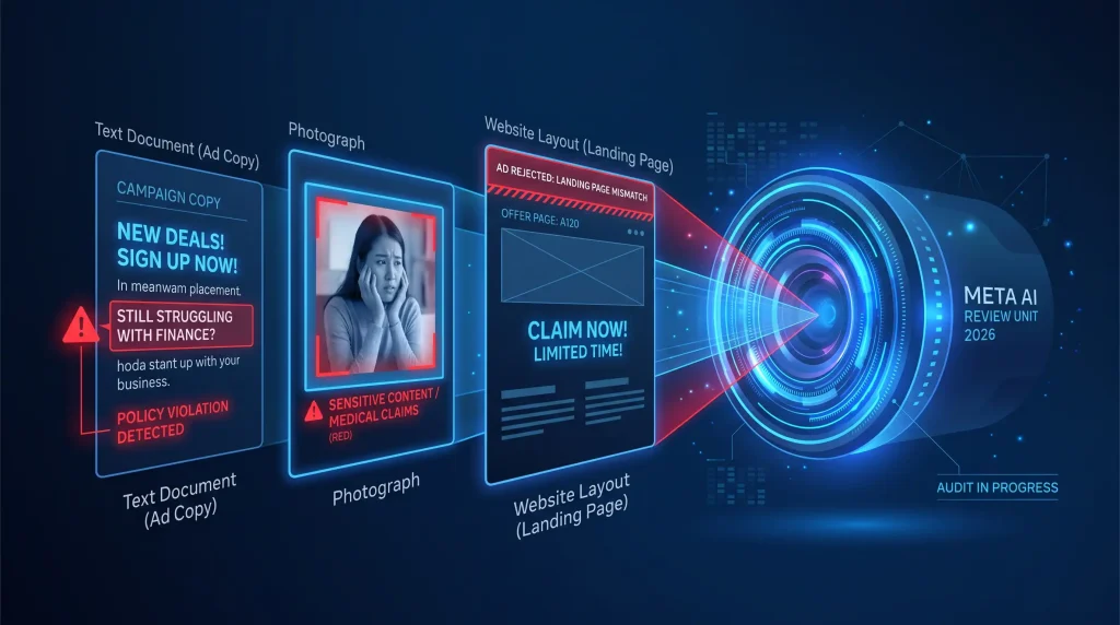 Meta multimodal ad review system scanning campaigns for policy violations