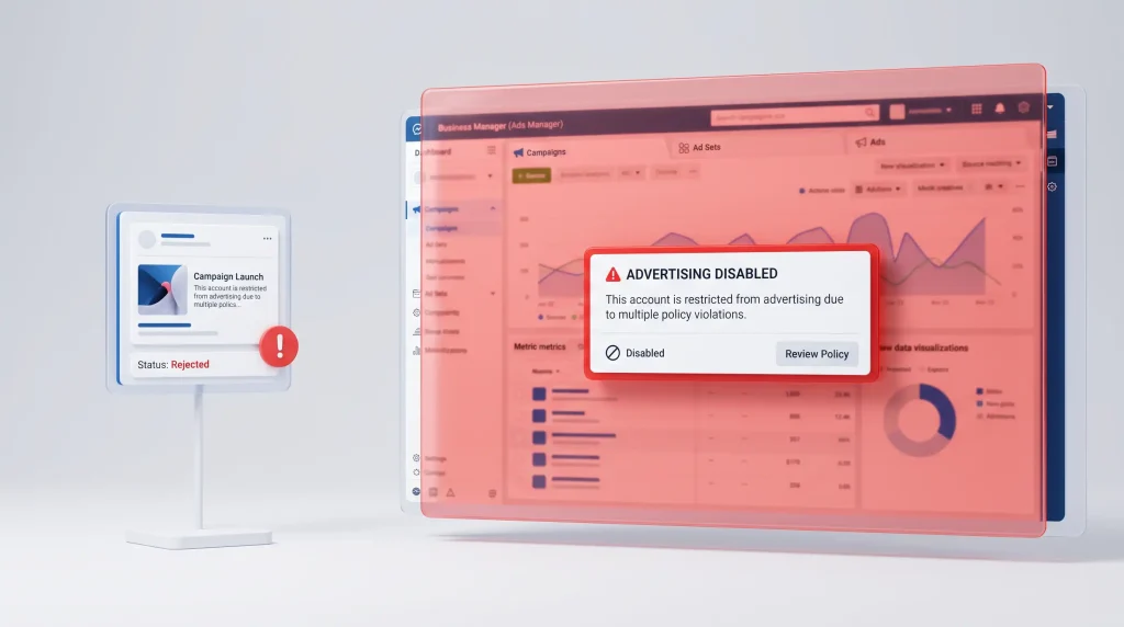 Minimalist 3D comparison between a single rejected ad card and a restricted Meta business ad manager account