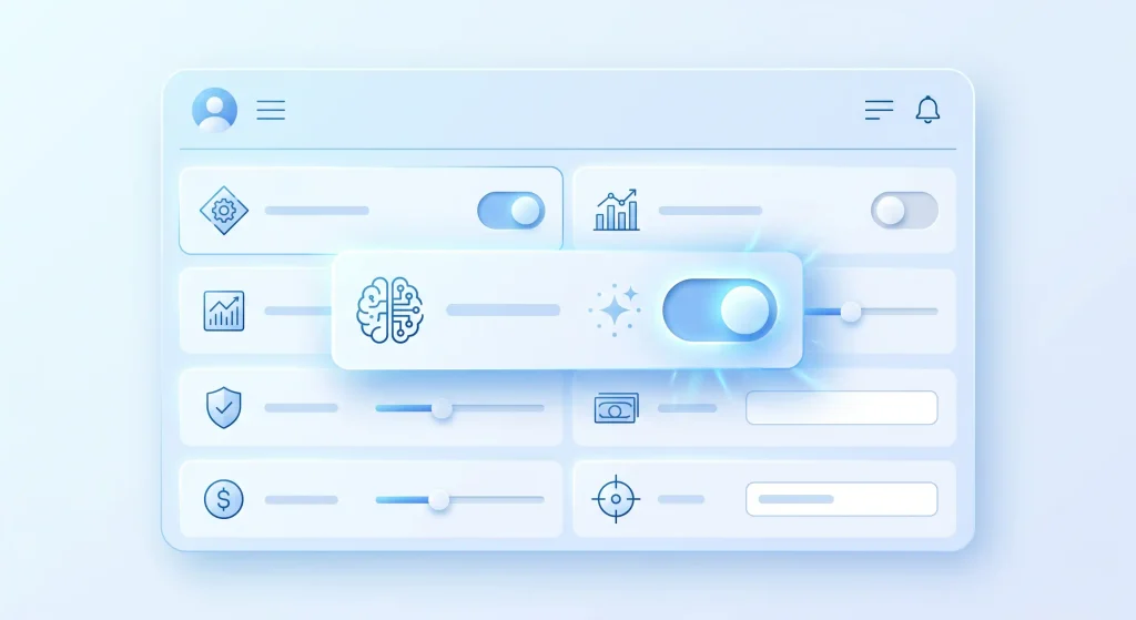 User interface toggle switch for Artificial Intelligence and Advantage Plus automated ad settings.