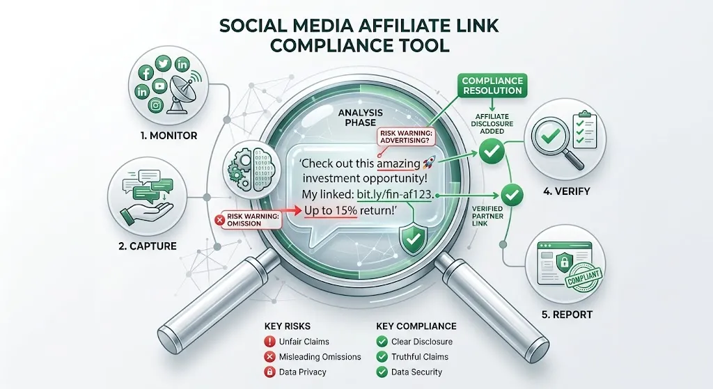 Illustration of a magnifying glass checking a social media post for financial compliance and mandatory forex risk warnings