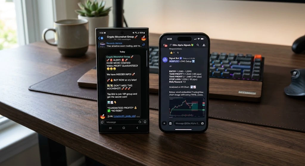 A side by side comparison on mobile screens showing a fake forex signal with guaranteed profits and a legitimate signal with risk management