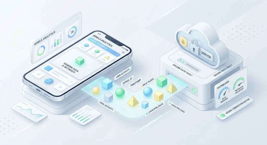 Minimalist 3D digital illustration showing metadata collection and cloud backup privacy flow on secure messaging applications