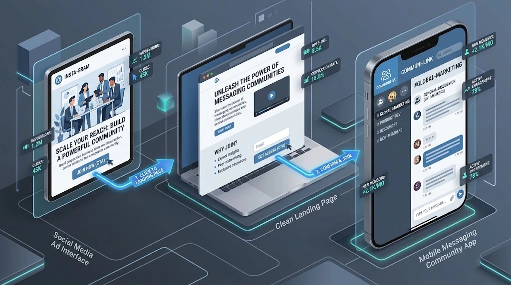 Marketing funnel user flow diagram routing traffic from Meta Ads through a landing page into a Telegram forex community