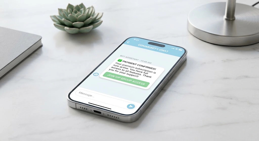 Modern smartphone displaying a light themed Telegram bot interface for VIP subscription payment and access