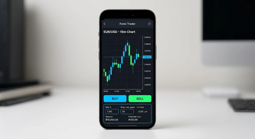 Modern Telegram mini app interface showing a live forex trading chart and order execution buttons