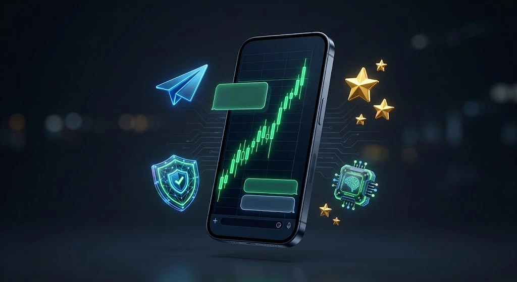 Premium Telegram tools for forex signal providers shown as a smartphone with trading charts floating next to symbols for security bots and Telegram Stars on a dark background.