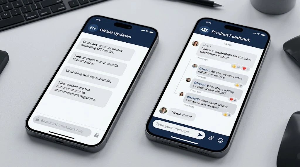 Side by side UI comparison of a Telegram group and channel showing forex trader interactions versus one way signal broadcasting