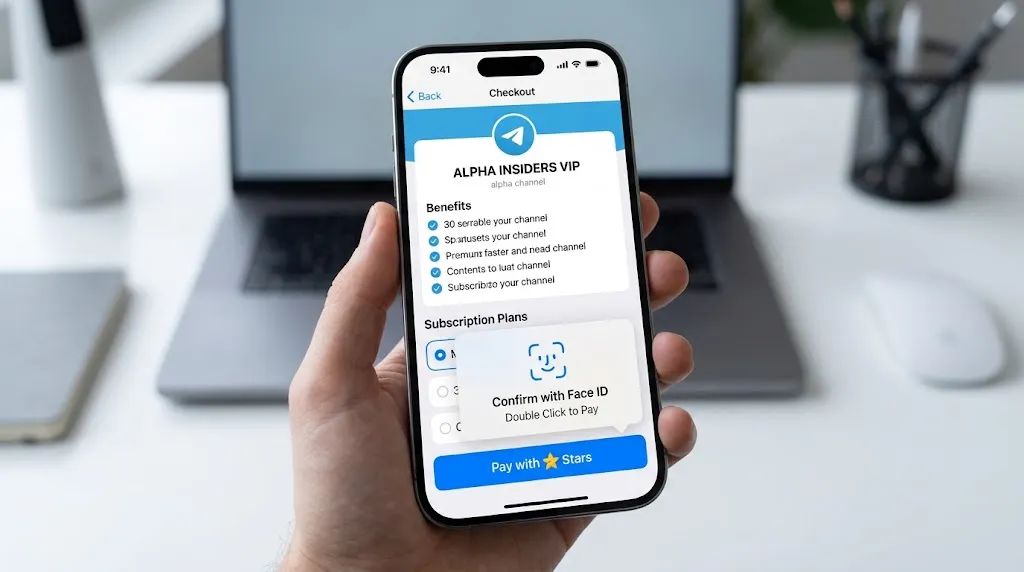 Realistic app interface mockup showing the frictionless Telegram Stars payment process for a forex VIP channel
