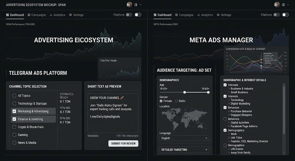 UI dashboard comparison showing Telegram channel targeting versus Meta algorithm audience setup