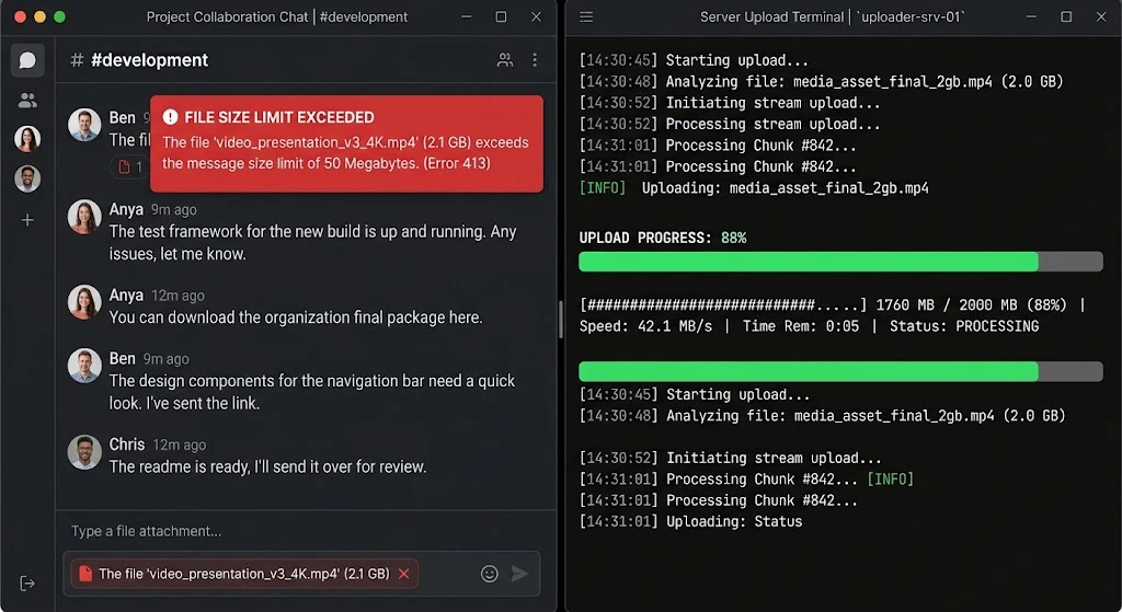 Practical UI dashboard comparing telegram bot api upload limit with mtproto capacity