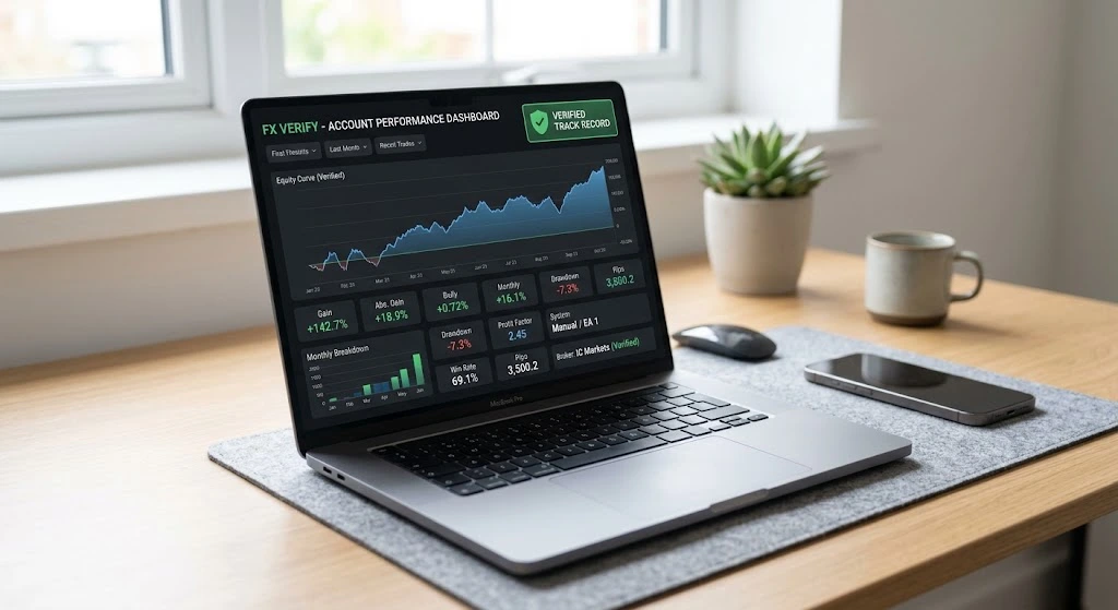 A modern laptop displaying a verified third party forex trading track record with real performance charts