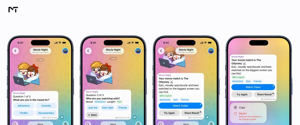 Example of the Telegram buttons in messages feature displaying a step by step interactive survey inside a chat bubble.