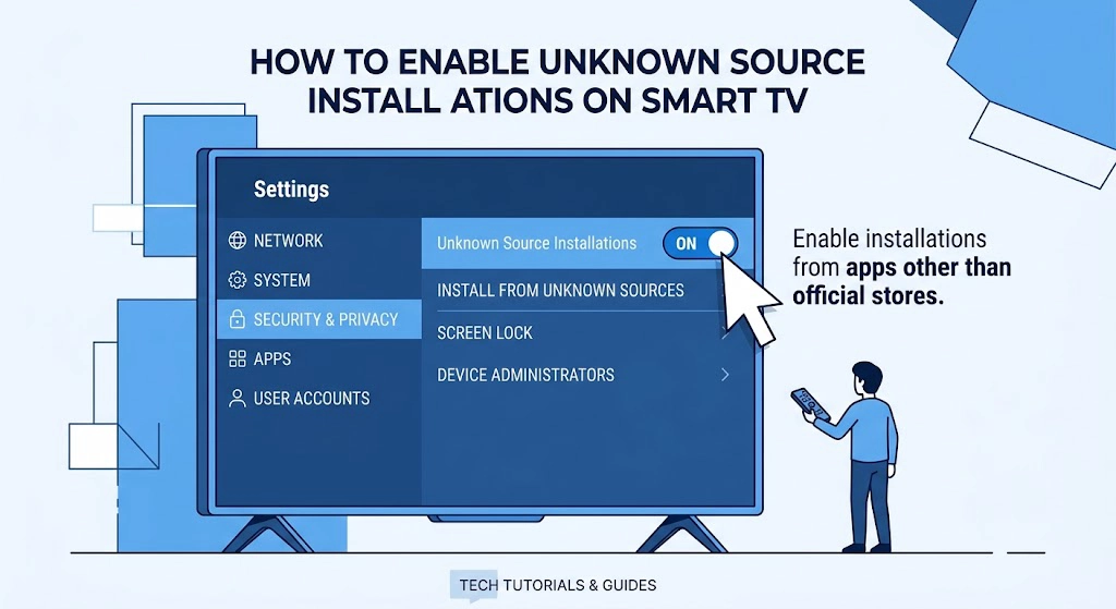 Flat illustration showing how to enable unknown sources in Android TV settings for sideloading apps