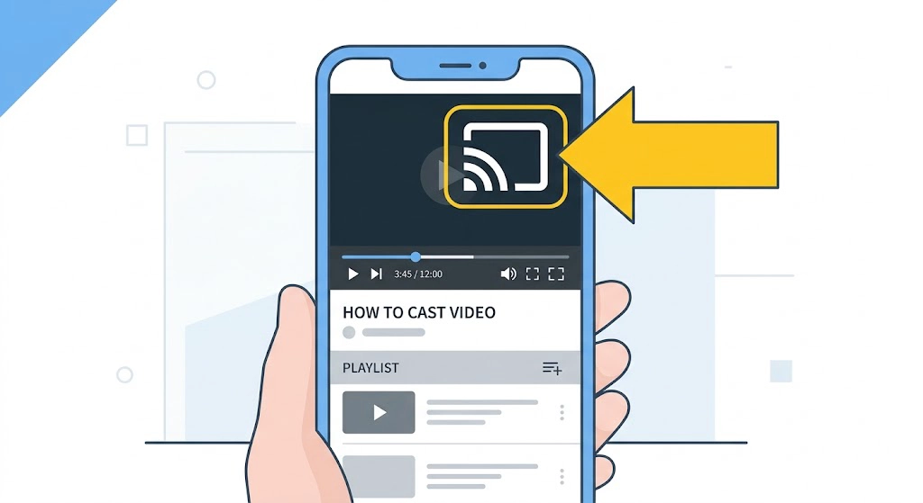 Close up tutorial illustration showing the Chromecast icon location inside a mobile video player