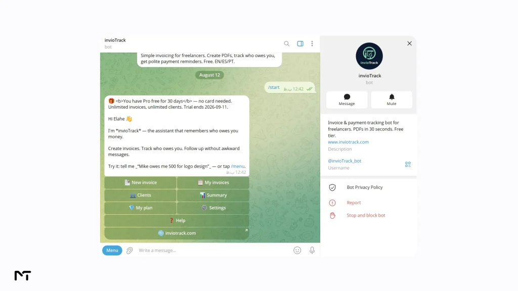 Generating a freelance PDF invoice directly inside a Telegram chat using InvioTrack