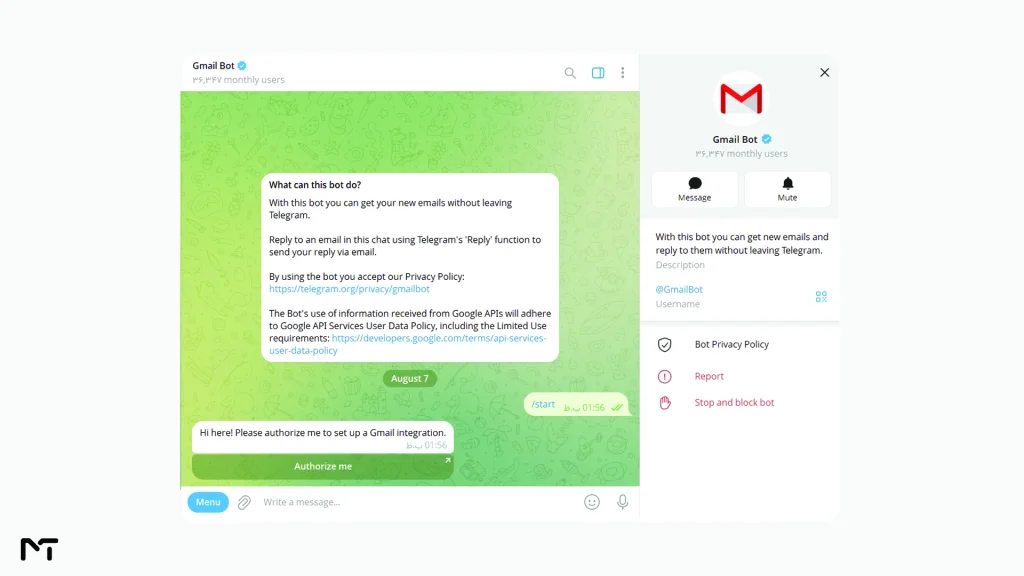 Connecting a Google account to the official Telegram Gmail bot for fast email alerts