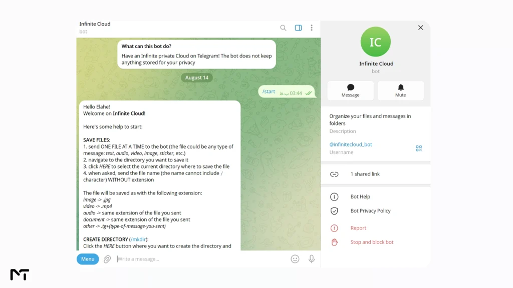 Infinite Cloud Bot chat interface showing open source Telegram free cloud storage setup