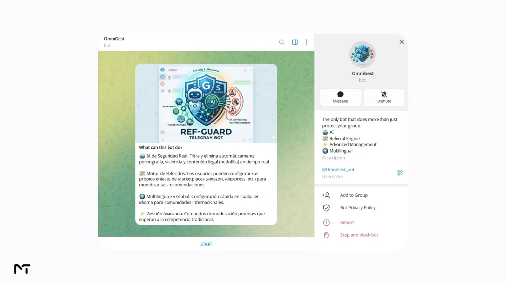 OmniGest private chat settings menu displaying advanced Telegram CAPTCHA verification and group management options