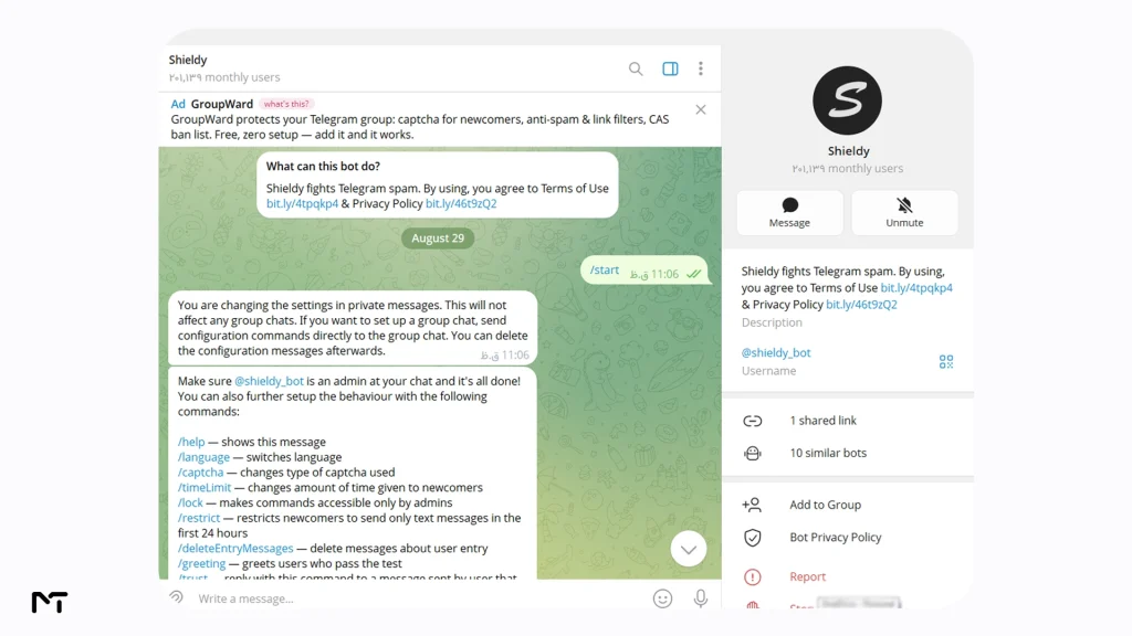 Shieldy bot presenting a Telegram CAPTCHA verification test to block group spam.