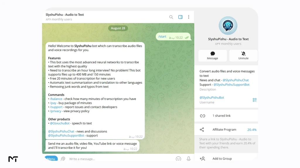SlyshuPishu bot transcribing a large audio file on Telegram