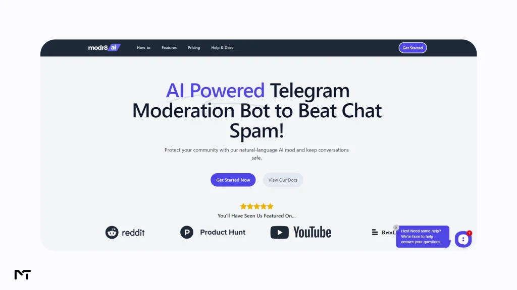 Modr8.ai plain language rule configuration panel for Telegram moderation