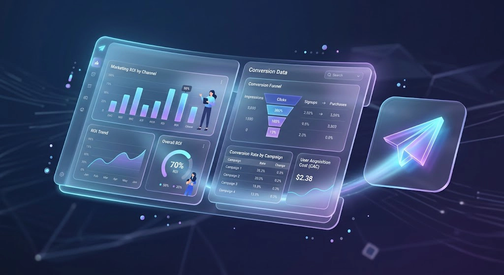 Marketing analytics dashboard displaying Telegram bot cost per acquisition and campaign ROI data.