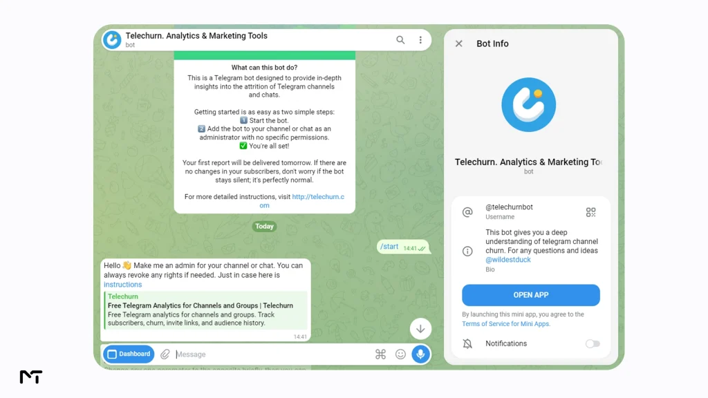 Telechurn bot delivering daily Telegram channel subscriber analytics and churn reports