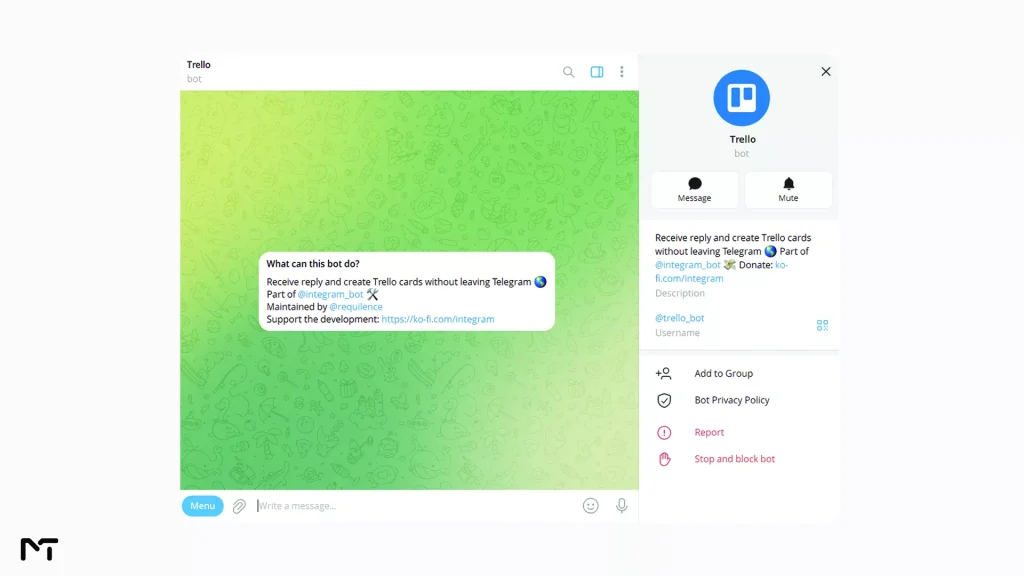 Telegram interface showing the official Trello bot setup process for task management