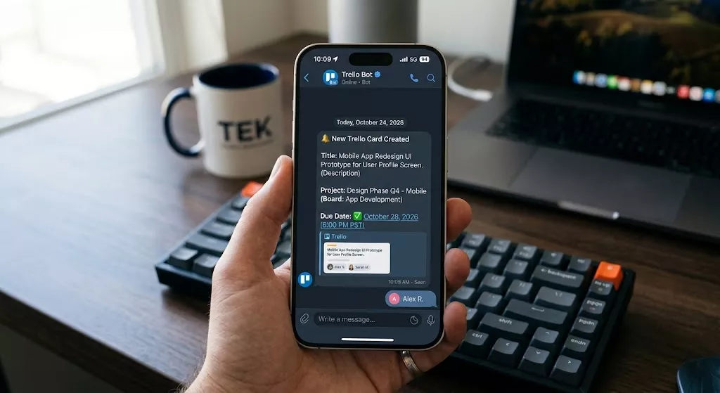 A modern smartphone screen showing a Telegram chat with the Trello bot displaying a new task notification