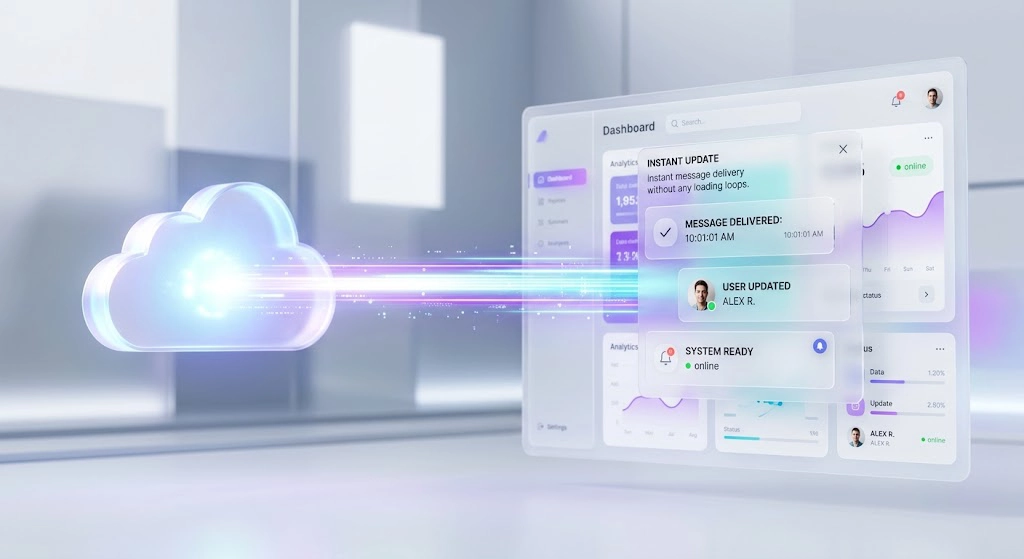 Modern 3D diagram explaining how telegram webhook pushes instant messages and updates to servers