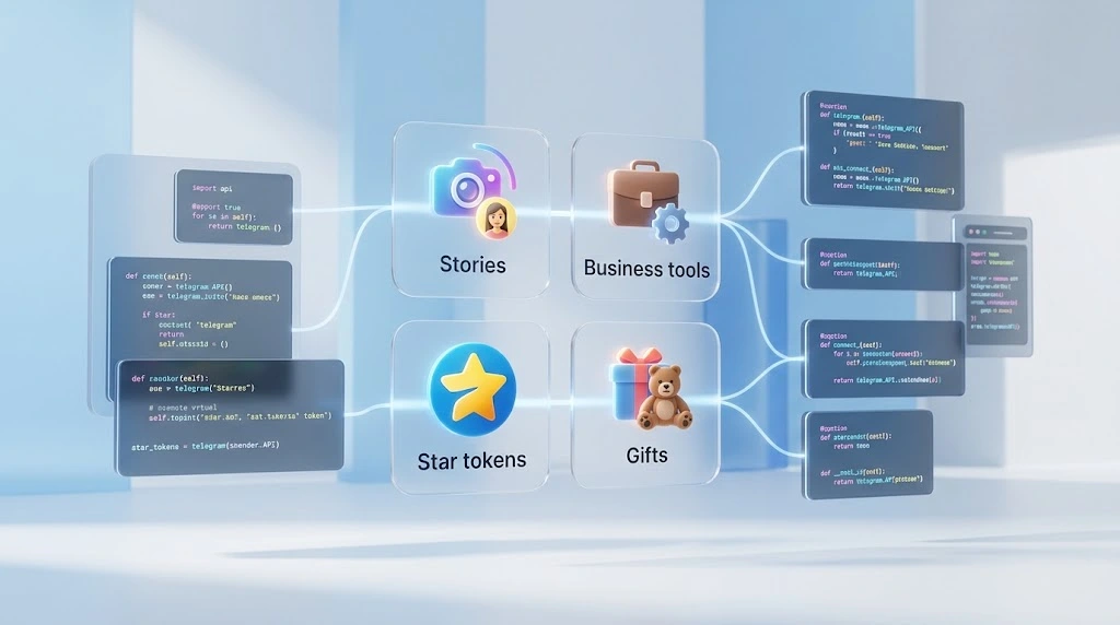 3D visualization of Telegram feature updates including Stories Business tools and Gifts integrating with Python libraries