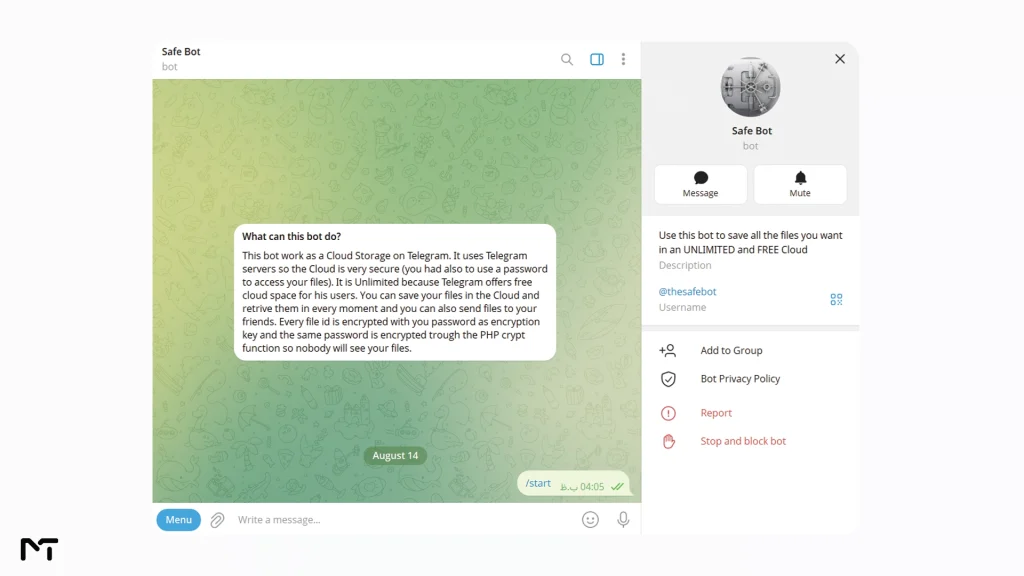 Safe Bot chat screen saving personal files on Telegram cloud